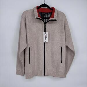 Yeokou Sweater Jacket Mens XL Beige Full Zip High Neck Plaid Lined Knit Fleece